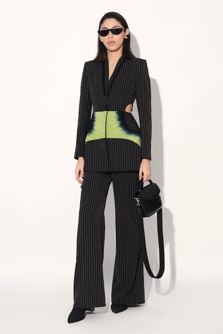 Linetribe_ Black Crepe Striped Designer Blazer And Pant Set 
