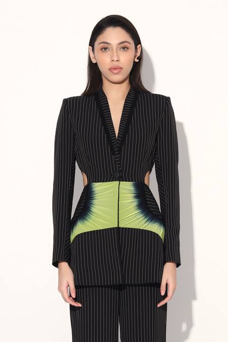 Shop Linetribe_ Black Crepe Striped Designer Blazer And Pant Set Online at Aza Fashions Shop_Linetribe__Black Crepe Striped Designer Blazer And Pant Set _Online_at_Aza_Fashions
