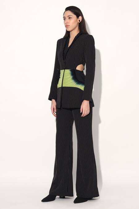 Buy Linetribe_ Black Crepe Striped Designer Blazer And Pant Set Buy_Linetribe__Black Crepe Striped Designer Blazer And Pant Set