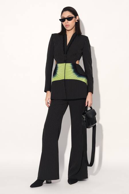 Shop Linetribe_ Black Crepe Striped Designer Blazer And Pant Set Shop_Linetribe__Black Crepe Striped Designer Blazer And Pant Set