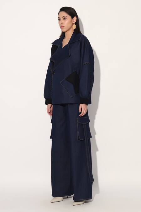 Linetribe_ Blue Denim Shawl Neck Designer Jacket Online at Aza Fashions Linetribe__Blue Denim Shawl Neck Designer Jacket _Online_at_Aza_Fashions