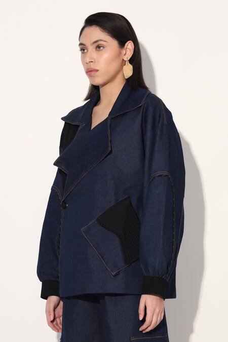 Buy Linetribe_ Blue Denim Shawl Neck Designer Jacket Online at Aza Fashions Buy_Linetribe__Blue Denim Shawl Neck Designer Jacket _Online_at_Aza_Fashions