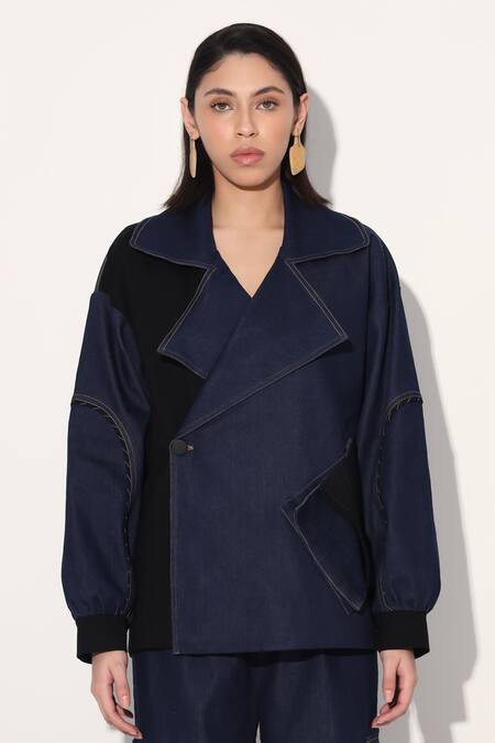 Shop Linetribe_ Blue Denim Shawl Neck Designer Jacket Online at Aza Fashions Shop_Linetribe__Blue Denim Shawl Neck Designer Jacket _Online_at_Aza_Fashions