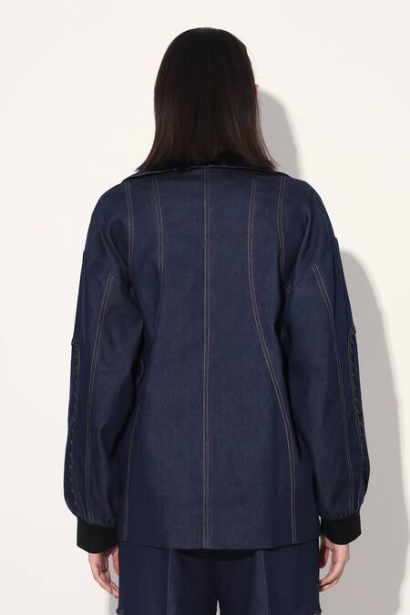 Linetribe_ Blue Denim Shawl Neck Designer Jacket at Aza Fashions Linetribe__Blue Denim Shawl Neck Designer Jacket _at_Aza_Fashions