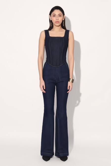 Linetribe_ Blue Denim Square Neck Designer Corset Online at Aza Fashions Linetribe__Blue Denim Square Neck Designer Corset _Online_at_Aza_Fashions