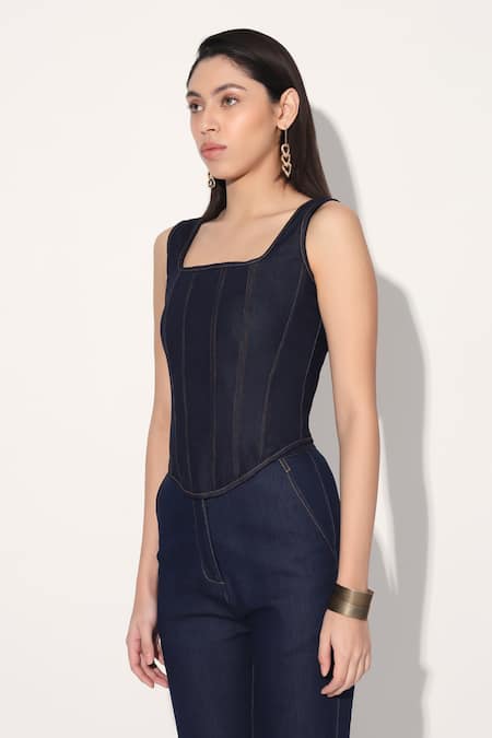 Linetribe_ Blue Denim Square Neck Designer Corset at Aza Fashions Linetribe__Blue Denim Square Neck Designer Corset _at_Aza_Fashions