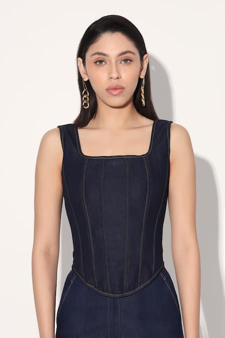 Shop Linetribe_ Blue Denim Square Neck Designer Corset Shop_Linetribe__Blue Denim Square Neck Designer Corset