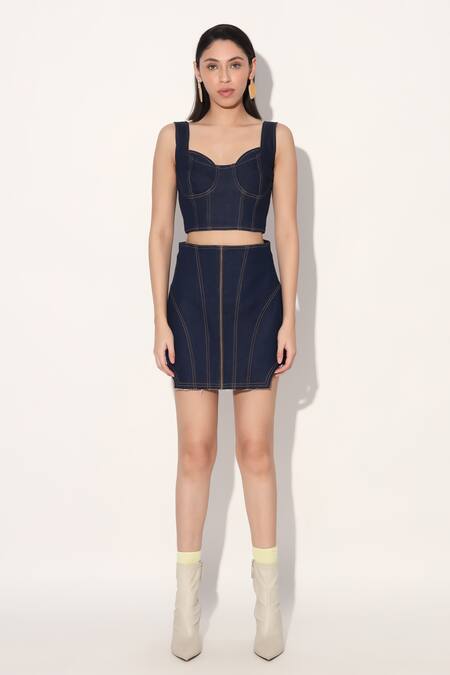 Linetribe_ Blue Denim Sweetheart Neck Bralette Set Online at Aza Fashions Linetribe__Blue Denim Sweetheart Neck Bralette Set _Online_at_Aza_Fashions