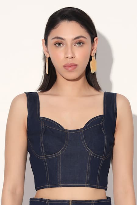 Linetribe_ Blue Denim Sweetheart Neck Bralette Set at Aza Fashions Linetribe__Blue Denim Sweetheart Neck Bralette Set _at_Aza_Fashions