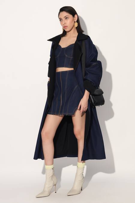 Linetribe_Blue Denim Crop Top And Skirt Set _Online_at_Aza_Fashions