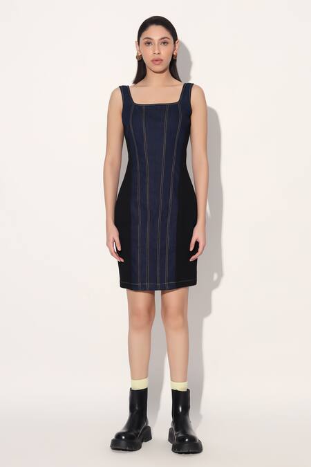 Linetribe_ Blue Denim Square Neck Dress at Aza Fashions Linetribe__Blue Denim Square Neck Dress _at_Aza_Fashions