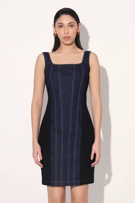 Buy Linetribe_ Blue Denim Square Neck Dress Buy_Linetribe__Blue Denim Square Neck Dress