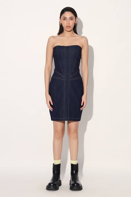Linetribe_ Blue Denim Off-shoulder Strapless Dress Online at Aza Fashions Linetribe__Blue Denim Off-shoulder Strapless Dress _Online_at_Aza_Fashions