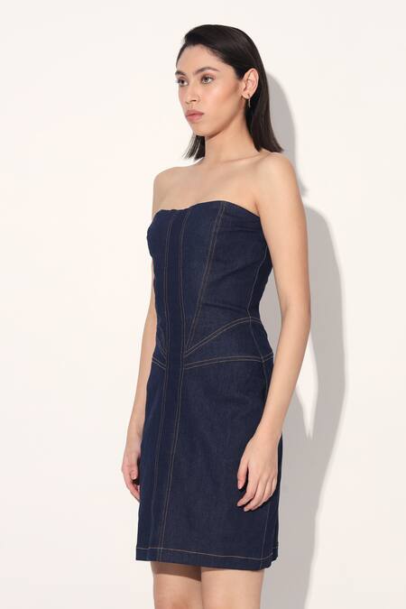 Buy Linetribe_ Blue Denim Off-shoulder Strapless Dress Online at Aza Fashions Buy_Linetribe__Blue Denim Off-shoulder Strapless Dress _Online_at_Aza_Fashions