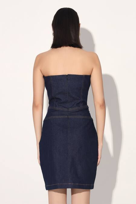 Shop Linetribe_ Blue Denim Off-shoulder Strapless Dress Online at Aza Fashions Shop_Linetribe__Blue Denim Off-shoulder Strapless Dress _Online_at_Aza_Fashions
