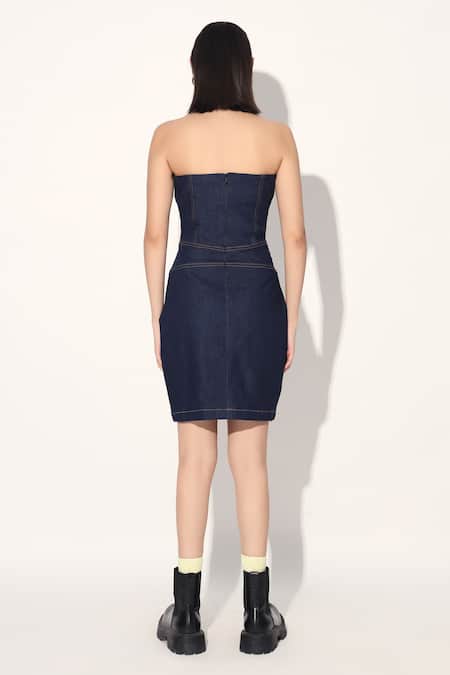 Shop Linetribe_ Blue Denim Off-shoulder Strapless Dress at Aza Fashions Shop_Linetribe__Blue Denim Off-shoulder Strapless Dress _at_Aza_Fashions