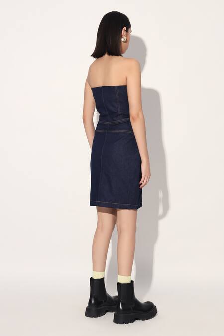 Buy Linetribe_ Blue Denim Off-shoulder Strapless Dress Buy_Linetribe__Blue Denim Off-shoulder Strapless Dress