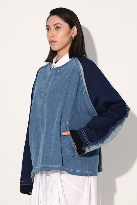 Linetribe_ Blue Denim Round Neck Designer Jacket Online at Aza Fashions Linetribe__Blue Denim Round Neck Designer Jacket _Online_at_Aza_Fashions