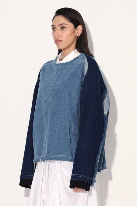 Shop Linetribe_ Blue Denim Round Neck Designer Jacket Online at Aza Fashions Shop_Linetribe__Blue Denim Round Neck Designer Jacket _Online_at_Aza_Fashions