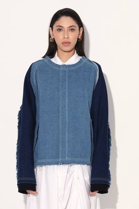 Linetribe_ Blue Denim Round Neck Designer Jacket at Aza Fashions Linetribe__Blue Denim Round Neck Designer Jacket _at_Aza_Fashions
