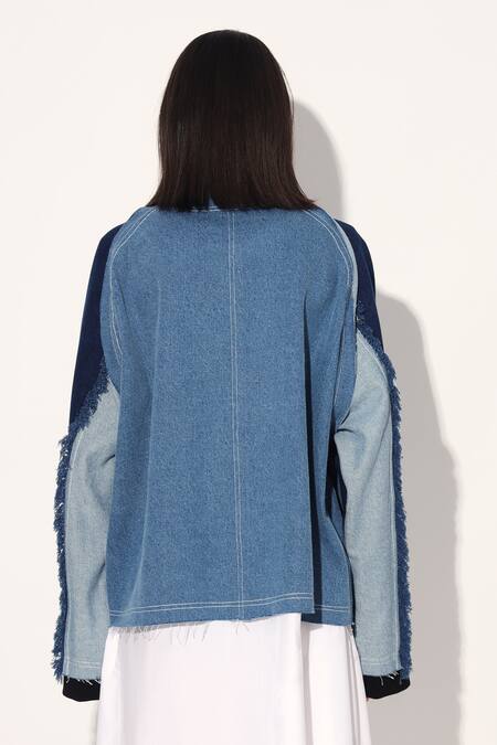 Shop Linetribe_ Blue Denim Round Neck Designer Jacket Shop_Linetribe__Blue Denim Round Neck Designer Jacket