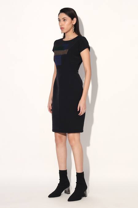 Shop Linetribe_ Black Crepe Round Neck Color Block Quilted Dress Online at Aza Fashions Shop_Linetribe__Black Crepe Round Neck Color Block Quilted Dress _Online_at_Aza_Fashions