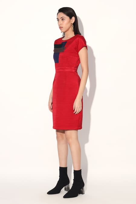 Linetribe_ Red Crepe Round Neck Quilted Designer Dress Online at Aza Fashions Linetribe__Red Crepe Round Neck Quilted Designer Dress _Online_at_Aza_Fashions