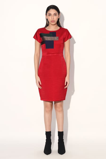 Buy Linetribe_ Red Crepe Round Neck Quilted Designer Dress Online at Aza Fashions Buy_Linetribe__Red Crepe Round Neck Quilted Designer Dress _Online_at_Aza_Fashions