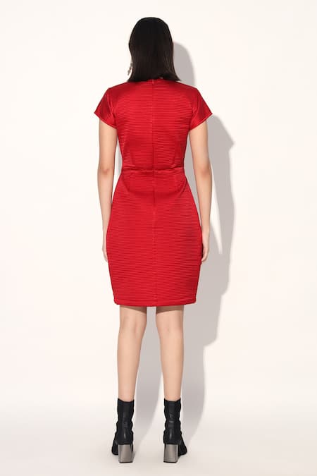 Shop Linetribe_ Red Crepe Round Neck Quilted Designer Dress at Aza Fashions Shop_Linetribe__Red Crepe Round Neck Quilted Designer Dress _at_Aza_Fashions