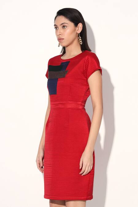 Shop Linetribe_ Red Crepe Round Neck Quilted Designer Dress Online at Aza Fashions Shop_Linetribe__Red Crepe Round Neck Quilted Designer Dress _Online_at_Aza_Fashions