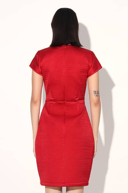 Linetribe_ Red Crepe Round Neck Quilted Designer Dress at Aza Fashions Linetribe__Red Crepe Round Neck Quilted Designer Dress _at_Aza_Fashions