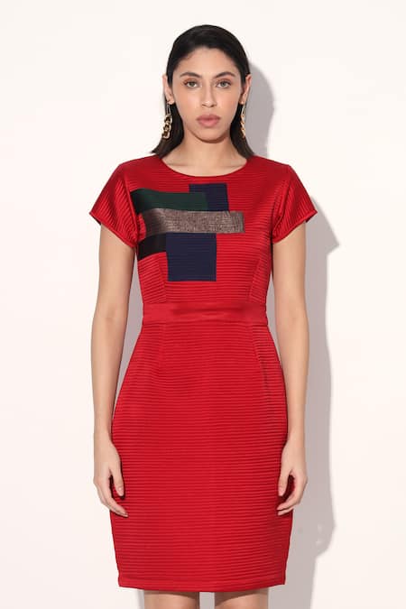 Buy Linetribe_ Red Crepe Round Neck Quilted Designer Dress Buy_Linetribe__Red Crepe Round Neck Quilted Designer Dress