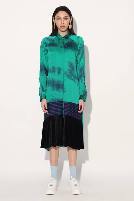 Linetribe_ Green Viscose, Satin Collared Tie-dye Dress Online at Aza Fashions Linetribe__Green Viscose, Satin Collared Tie-dye Dress _Online_at_Aza_Fashions
