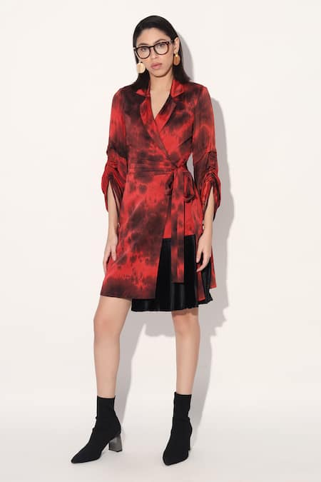 Linetribe_ Red Viscose, Satin Collared Designer Dress 
