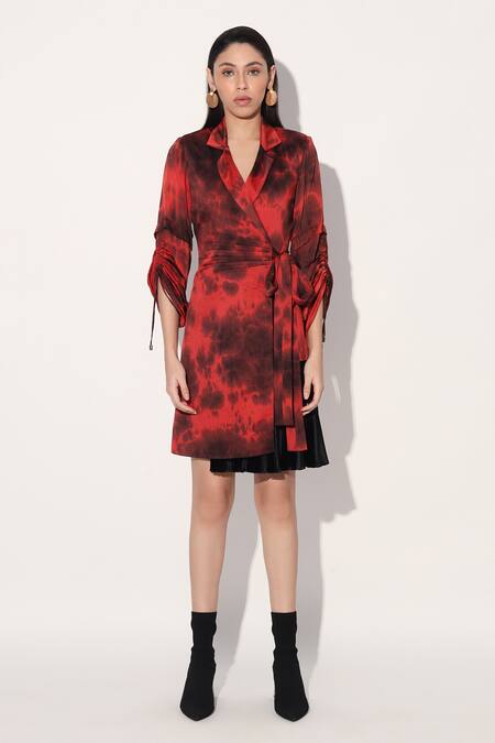 Linetribe_ Red Viscose, Satin Collared Designer Dress at Aza Fashions Linetribe__Red Viscose, Satin Collared Designer Dress _at_Aza_Fashions