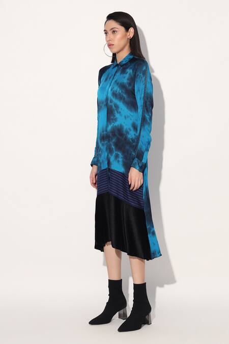 Linetribe_ Blue Viscose, Satin Collared Tie-dye Designer Dress Online at Aza Fashions Linetribe__Blue Viscose, Satin Collared Tie-dye Designer Dress _Online_at_Aza_Fashions