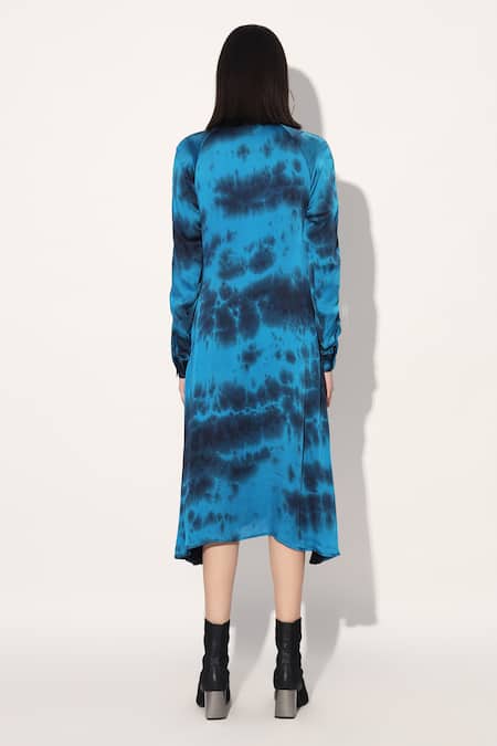 Shop Linetribe_ Blue Viscose, Satin Collared Tie-dye Designer Dress at Aza Fashions Shop_Linetribe__Blue Viscose, Satin Collared Tie-dye Designer Dress _at_Aza_Fashions