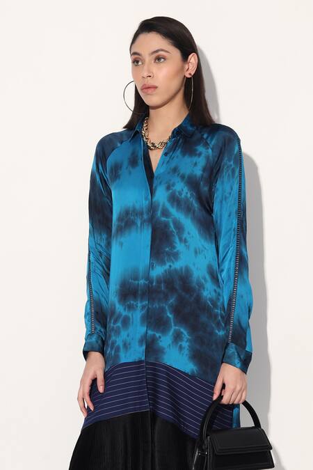 Buy Linetribe_ Blue Viscose, Satin Collared Tie-dye Designer Dress Online at Aza Fashions Buy_Linetribe__Blue Viscose, Satin Collared Tie-dye Designer Dress _Online_at_Aza_Fashions