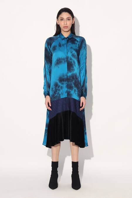 Shop Linetribe_ Blue Viscose, Satin Collared Tie-dye Designer Dress Online at Aza Fashions Shop_Linetribe__Blue Viscose, Satin Collared Tie-dye Designer Dress _Online_at_Aza_Fashions