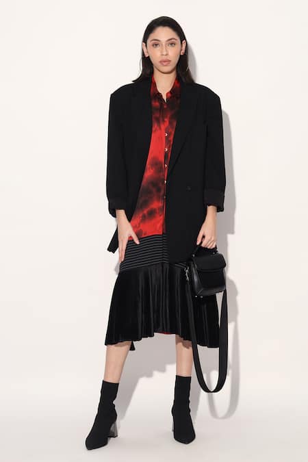 Linetribe_ Red Viscose, Satin Collared Tie-dye Designer Dress 