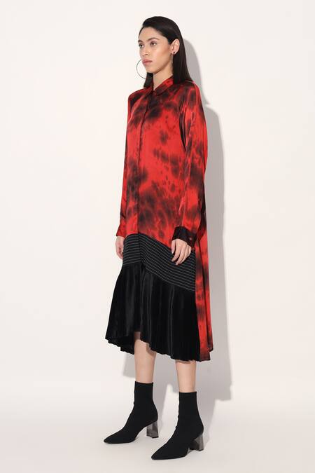 Linetribe_ Red Viscose, Satin Collared Tie-dye Designer Dress Online at Aza Fashions Linetribe__Red Viscose, Satin Collared Tie-dye Designer Dress _Online_at_Aza_Fashions