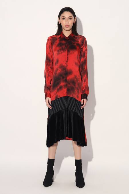Buy Linetribe_ Red Viscose, Satin Collared Tie-dye Designer Dress Online at Aza Fashions Buy_Linetribe__Red Viscose, Satin Collared Tie-dye Designer Dress _Online_at_Aza_Fashions