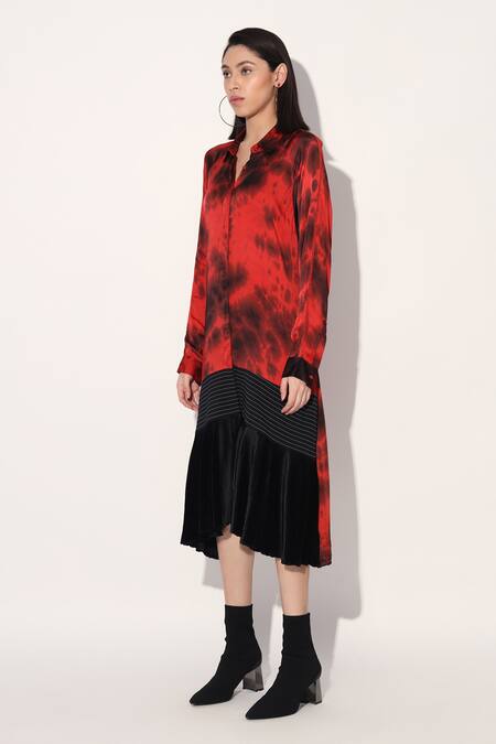 Shop Linetribe_ Red Viscose, Satin Collared Tie-dye Designer Dress Online at Aza Fashions Shop_Linetribe__Red Viscose, Satin Collared Tie-dye Designer Dress _Online_at_Aza_Fashions