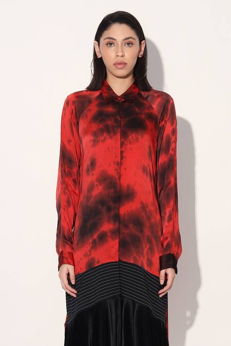 Linetribe_ Red Viscose, Satin Collared Tie-dye Designer Dress at Aza Fashions Linetribe__Red Viscose, Satin Collared Tie-dye Designer Dress _at_Aza_Fashions