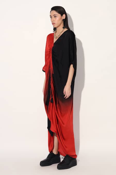 Linetribe_ Red Viscose, Satin V-neck And Black Kaftan Dress Online at Aza Fashions Linetribe__Red Viscose, Satin V-neck And Black Kaftan Dress _Online_at_Aza_Fashions