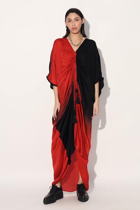 Shop Linetribe_ Red Viscose, Satin V-neck And Black Kaftan Dress Online at Aza Fashions Shop_Linetribe__Red Viscose, Satin V-neck And Black Kaftan Dress _Online_at_Aza_Fashions