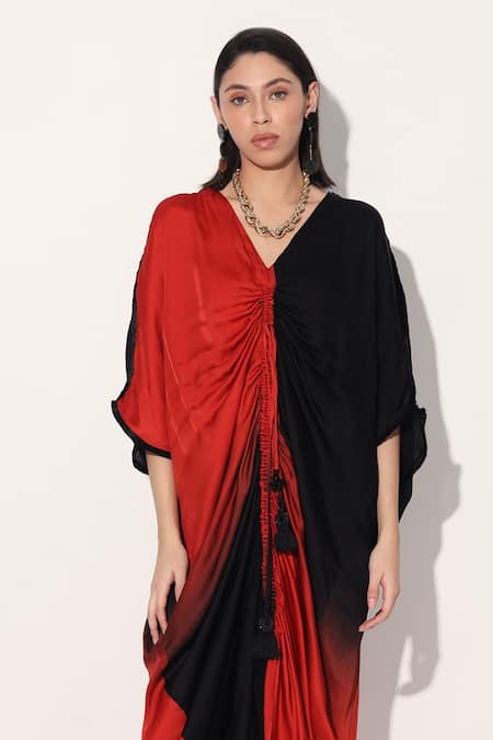 Linetribe_ Red Viscose, Satin V-neck And Black Kaftan Dress at Aza Fashions Linetribe__Red Viscose, Satin V-neck And Black Kaftan Dress _at_Aza_Fashions