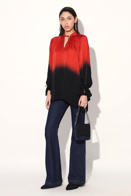 Linetribe_ Multi Color Viscose, Satin Keyhole Neck Red Black Designer Top 