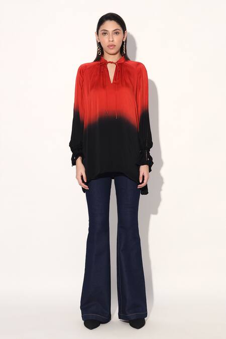 Shop_Linetribe__Multi Color Viscose, Satin Keyhole Neck Red Black Designer Top _Online_at_Aza_Fashions