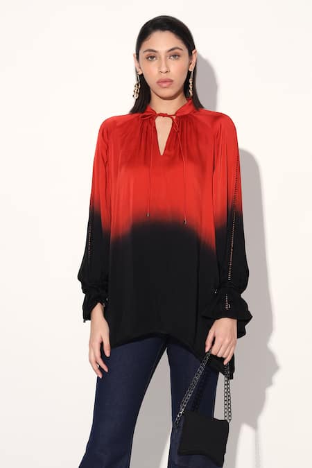 Linetribe__Multi Color Viscose, Satin Keyhole Neck Red Black Designer Top _at_Aza_Fashions